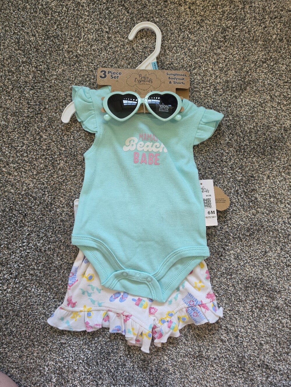 Baby Beach Babe Mint Green Bodysuit Set with Sunglasses And Shorts